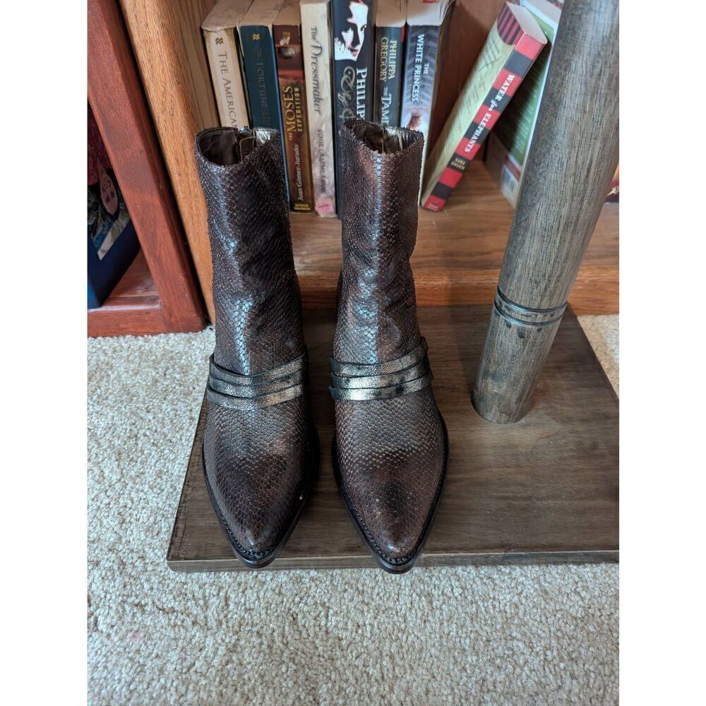 Marco Delli Women's EU 39 US 9 Brown snakeskin Leather Cowgirl Boots Chunky Heel